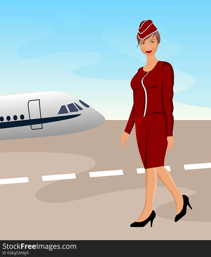 Illustration beautiful stewardess at the airport - vector