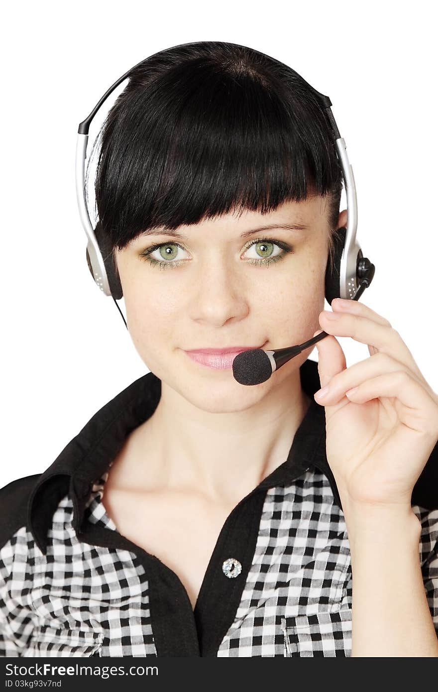 Woman with telephone headset isolated on white background