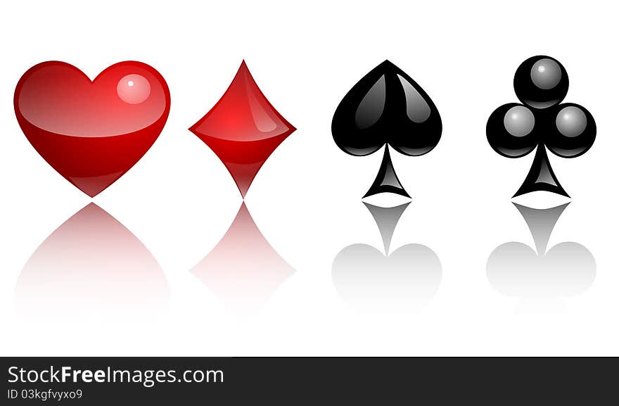 Three dimensional glass symbols of hearts, diamonds, spades, diamonds on a white background with reflection. Three dimensional glass symbols of hearts, diamonds, spades, diamonds on a white background with reflection