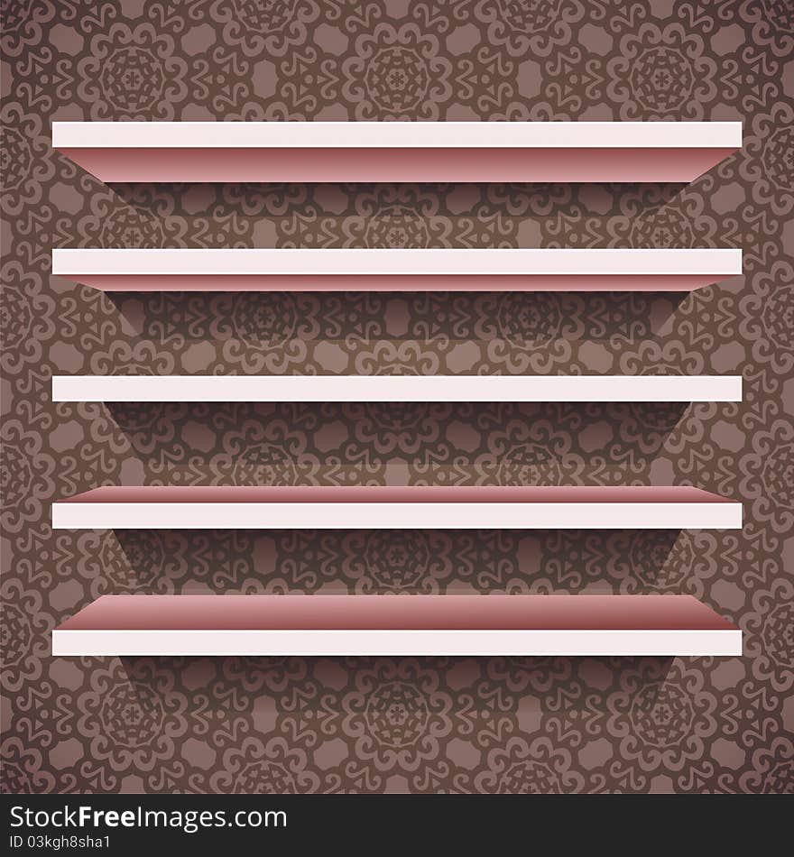 Five  shelves on brown wallpaper background. Vector illustration. Five  shelves on brown wallpaper background. Vector illustration