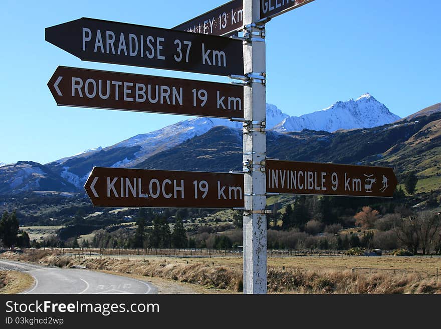 Roadsign from head of Lake Wakatipu, New Zealand. Roadsign from head of Lake Wakatipu, New Zealand.