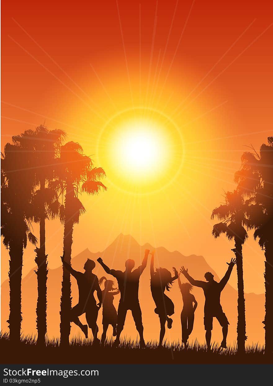 Silhouettes of people dancing on a summery background. Silhouettes of people dancing on a summery background