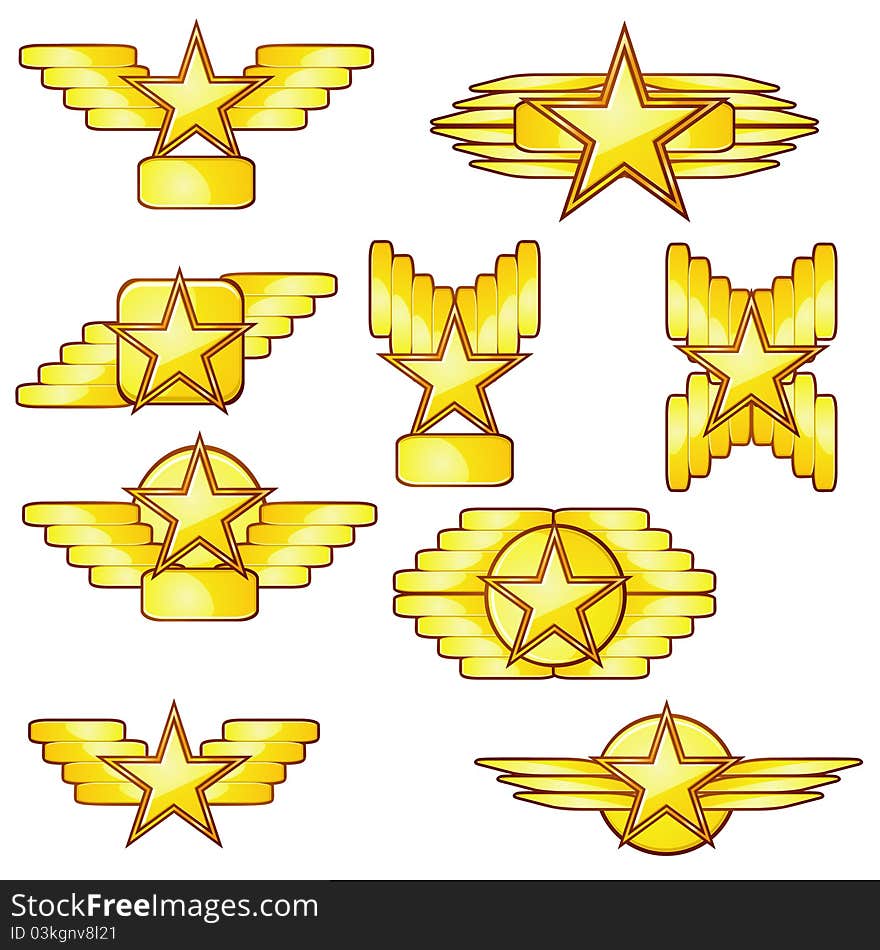 Set of golden badges with stars and wings. Set of golden badges with stars and wings