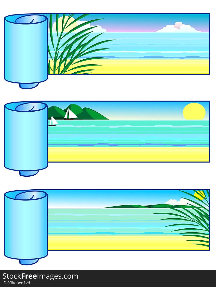 Set of horizontal coiled banners with marine landscape. Set of horizontal coiled banners with marine landscape