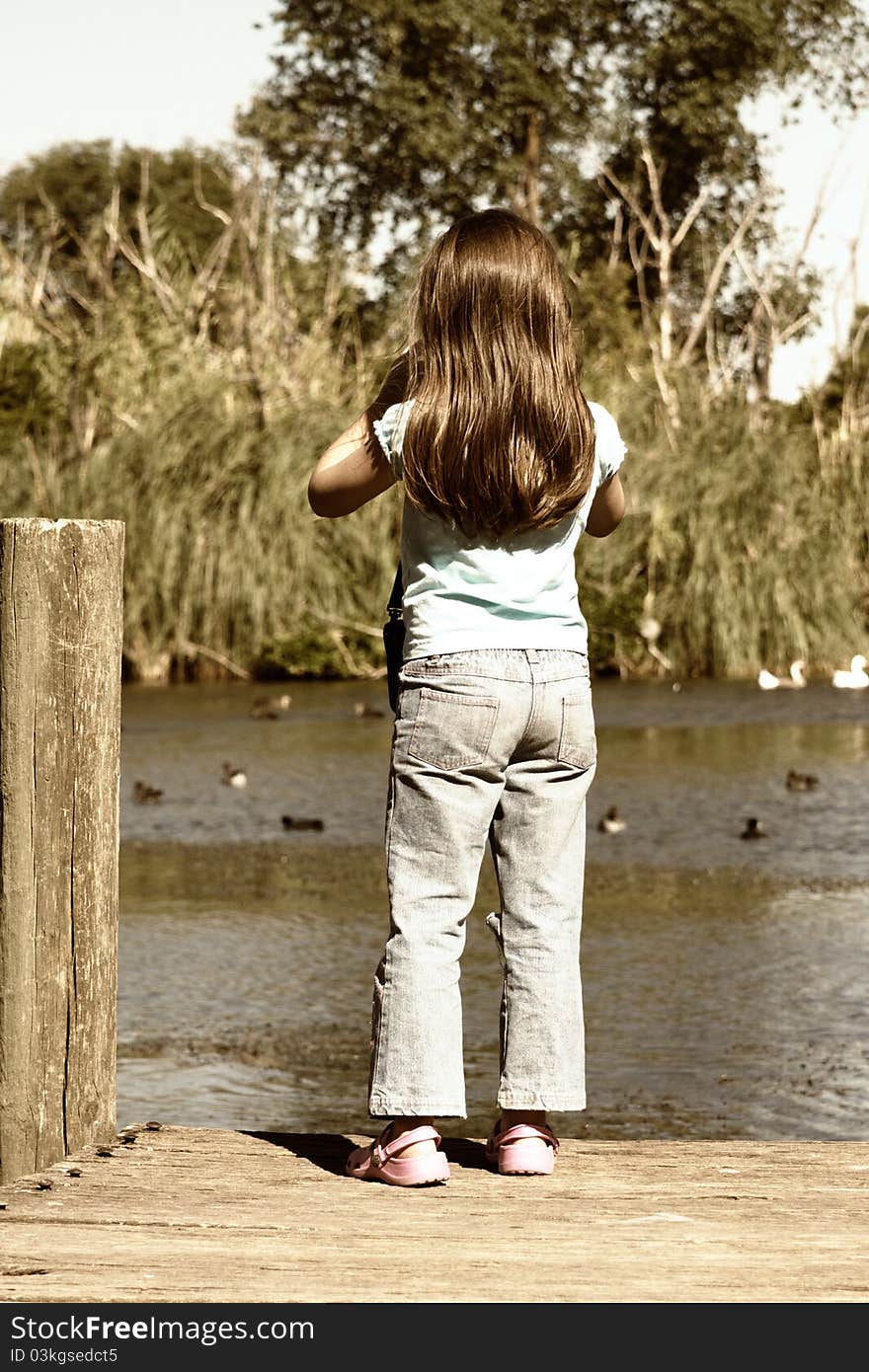 A little girl taking photos of ducks from a pier.