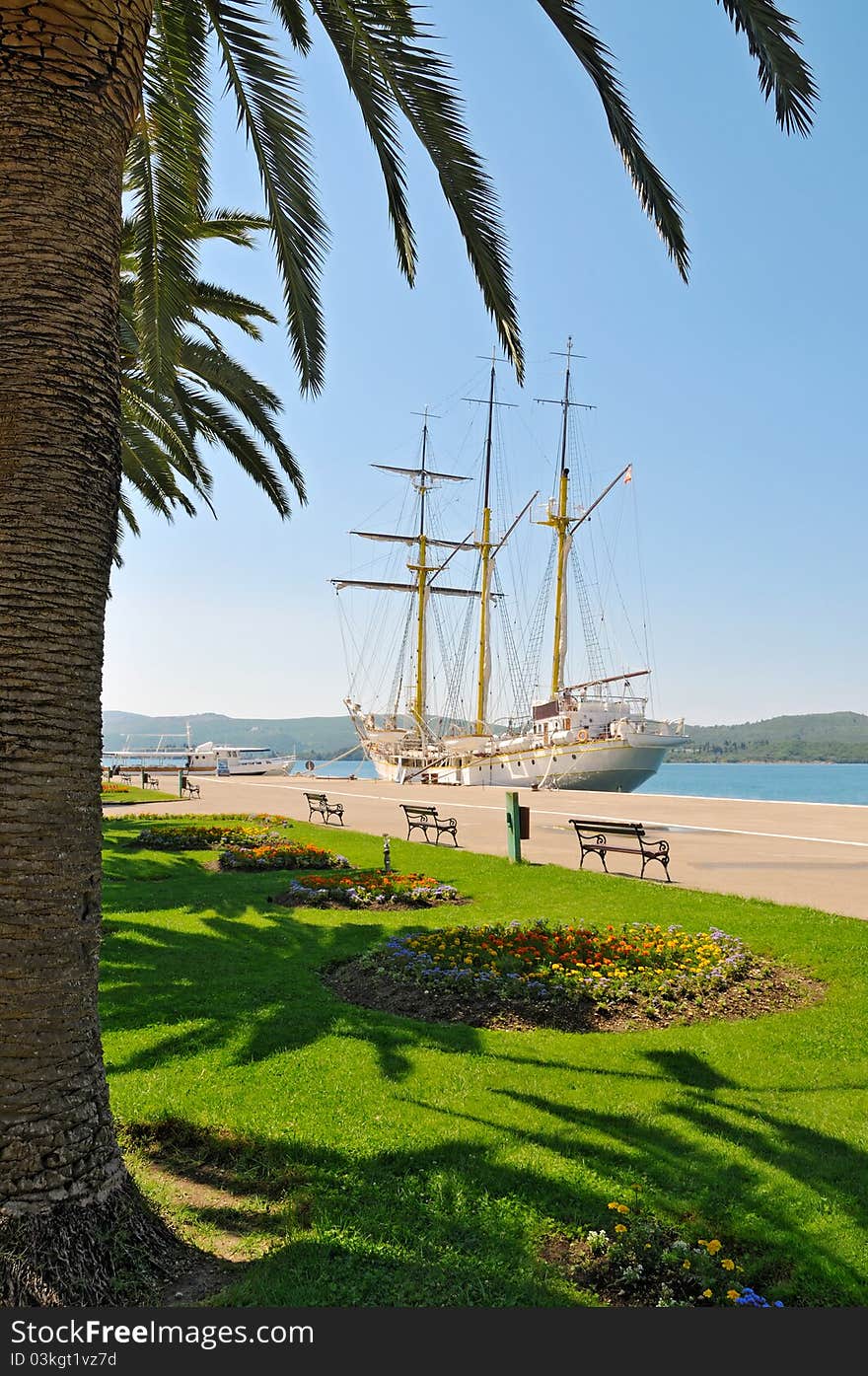 Sailboat anchored in port