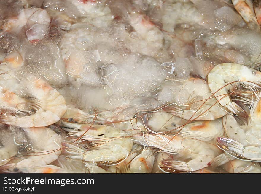 Shrimps on ice in open seafood supermarket