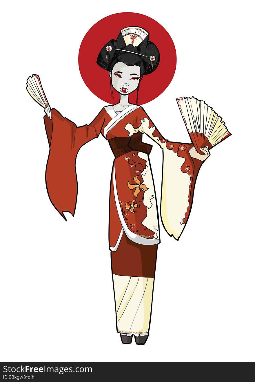 Illustration geisha with red kimono.