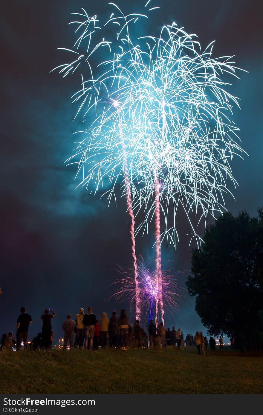 People watching beautiful blue fireworks