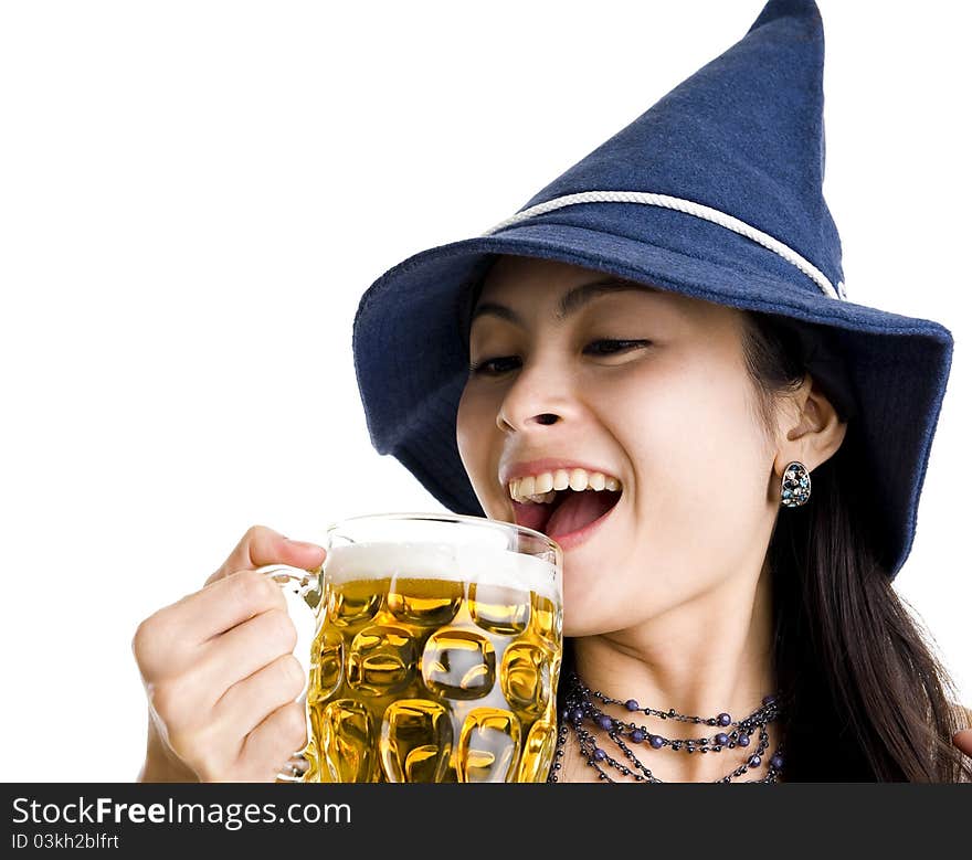 Happyl woman drinking beer, isolated on white background. Happyl woman drinking beer, isolated on white background