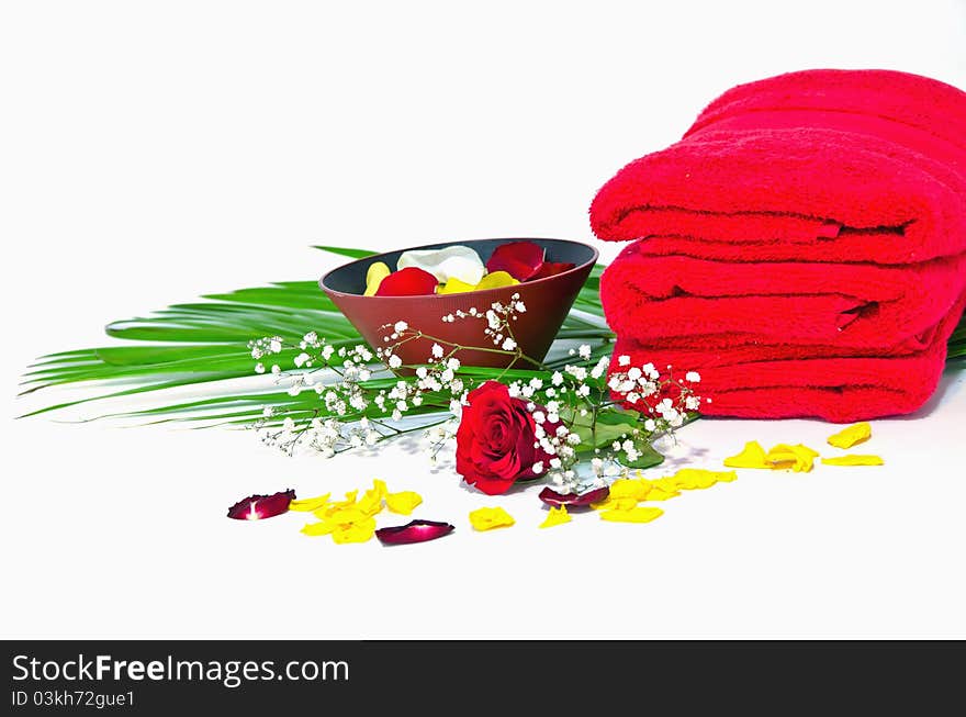 Red towels with flower on white background. Red towels with flower on white background