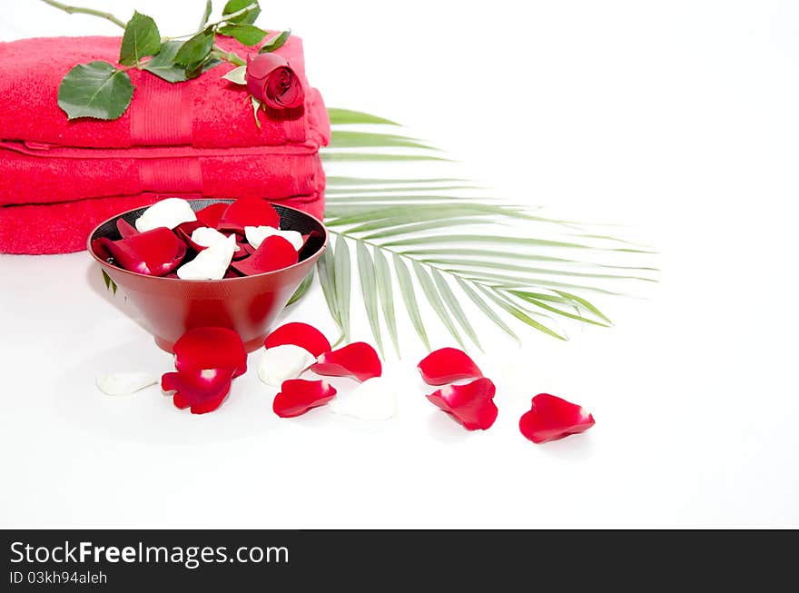 Red towels with flower on white background. Red towels with flower on white background