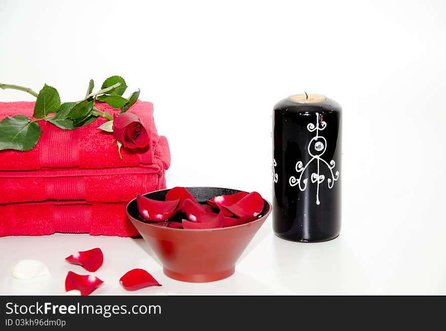 Red towels with flower on white background. Red towels with flower on white background