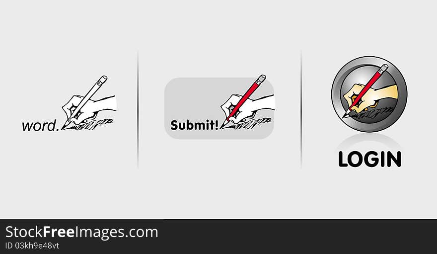 3 hand writing icons: logo, submit, login