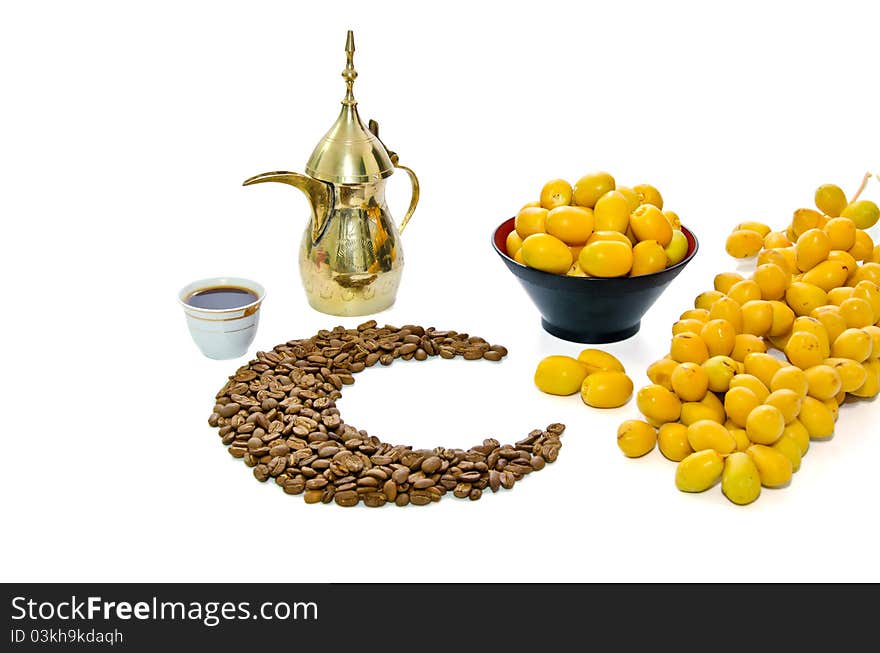 Arabic Coffee with Dates Fruit isolated on white Background. Arabic Coffee with Dates Fruit isolated on white Background