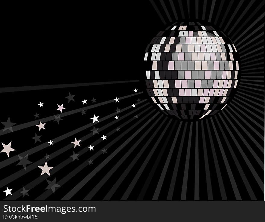 Shiny silver disco ball with rays and stars on a black background. Shiny silver disco ball with rays and stars on a black background