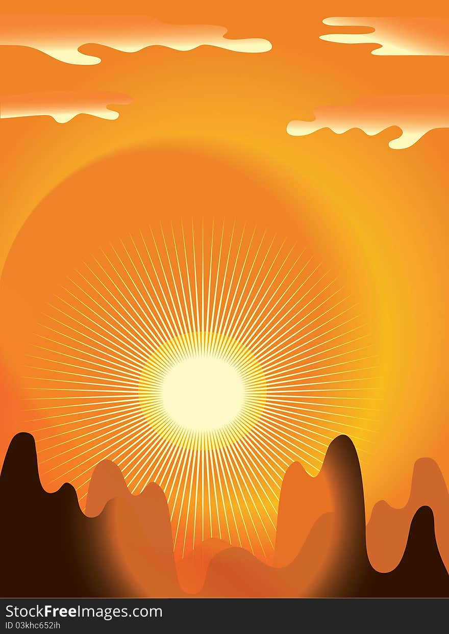 Orange sun background with mountains. Orange sun background with mountains