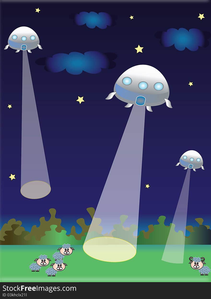 An illustration of a pair of UFO's in the night sky. An illustration of a pair of UFO's in the night sky.