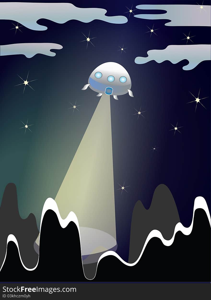 An illustration of a pair of UFO's in the night sky. An illustration of a pair of UFO's in the night sky.