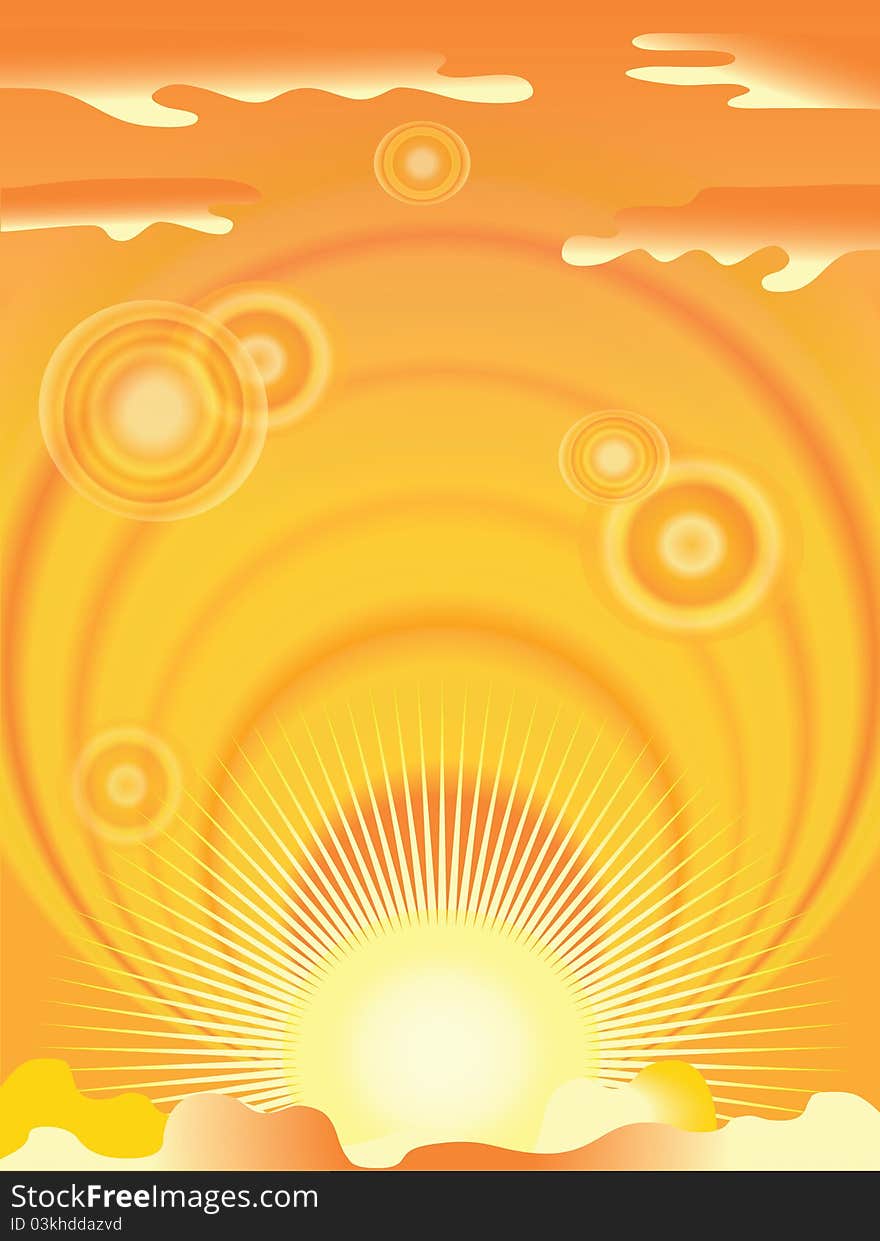 Orange sun background with clouds. Orange sun background with clouds