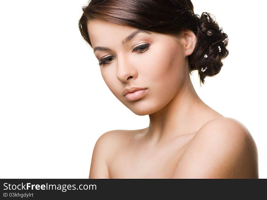 Close-up portrait of sexy caucasian young woman on white background