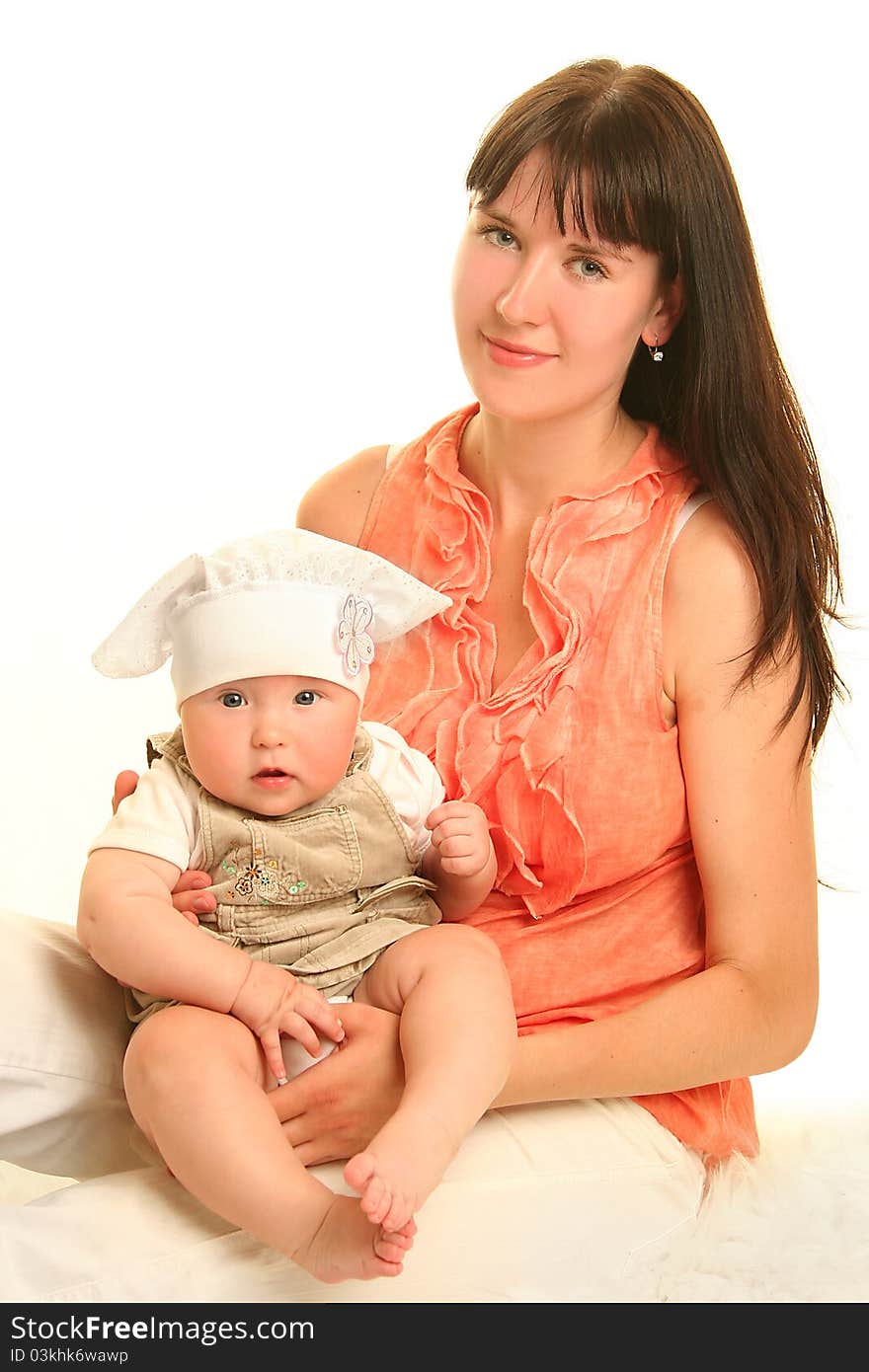 Young mother with baby on white background. Young mother with baby on white background