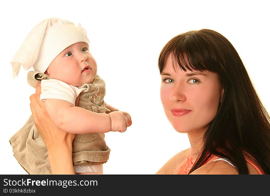 Young mother with baby on white background. Young mother with baby on white background