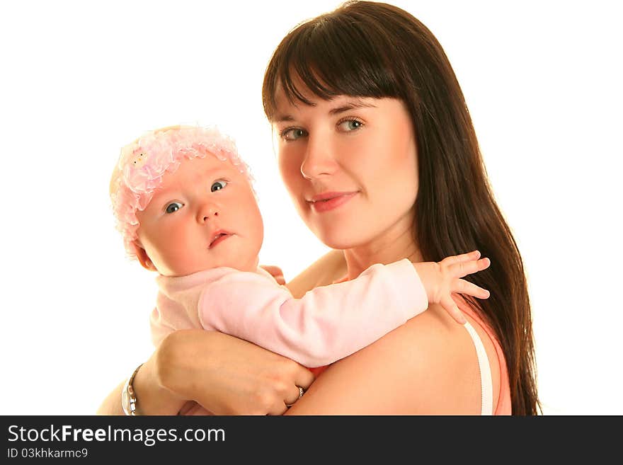 Young mother with baby on white background. Young mother with baby on white background