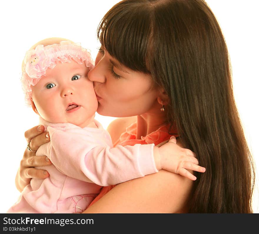 Young mother with baby on white background. Young mother with baby on white background