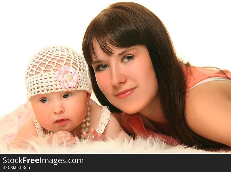 Young mother with baby on white background. Young mother with baby on white background