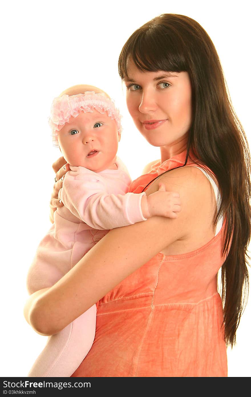 Young mother with baby on white background. Young mother with baby on white background