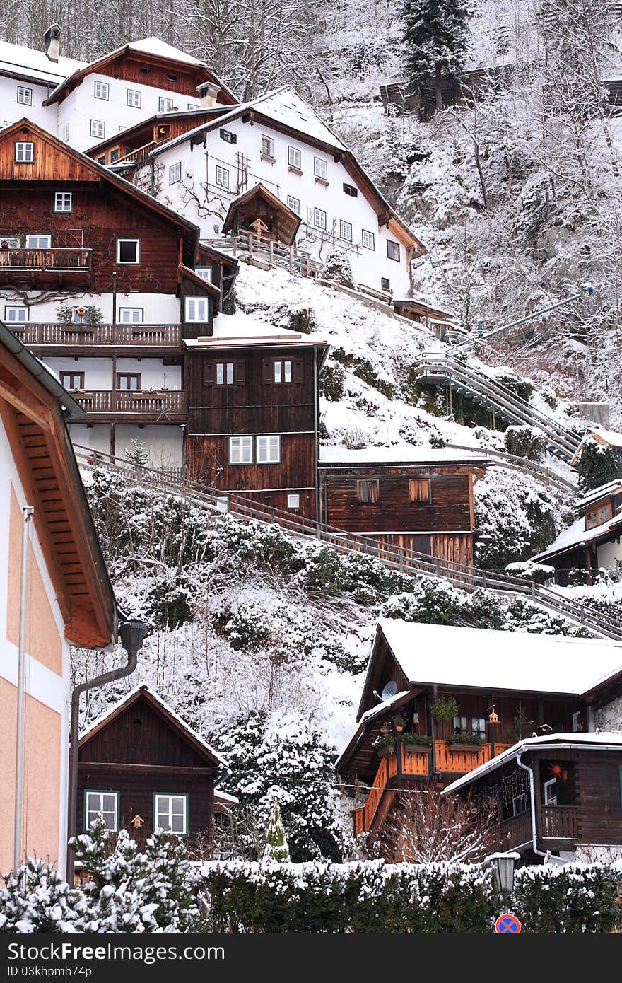 Hallstatt,Unesco City in Austria. Winter with view of wood houses in the city. Hallstatt,Unesco City in Austria. Winter with view of wood houses in the city.