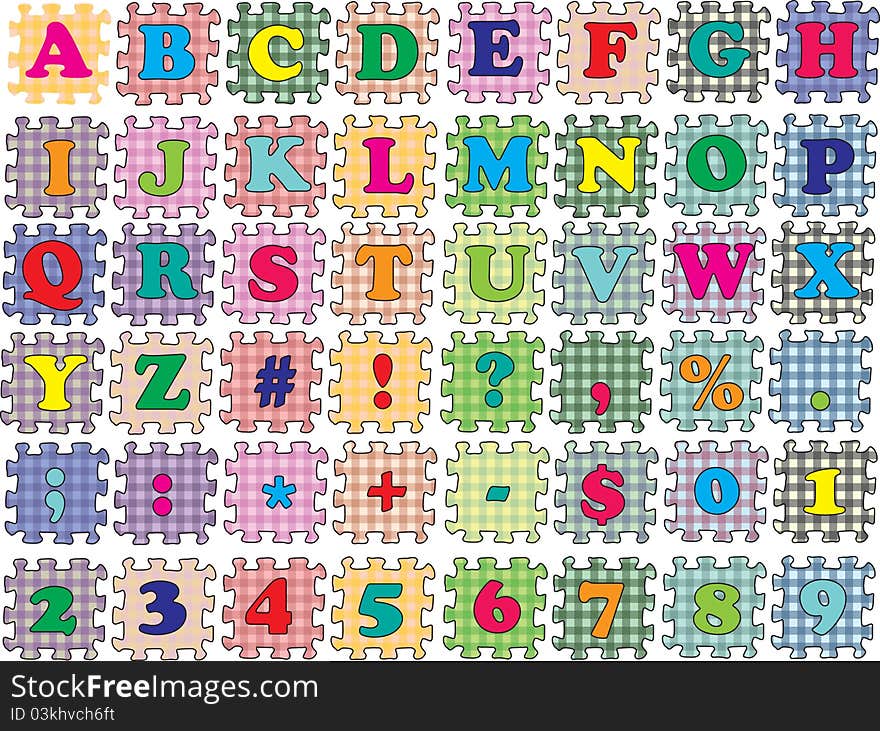 Alphabet, numbers and symbols into form a puzzle. Alphabet, numbers and symbols into form a puzzle.