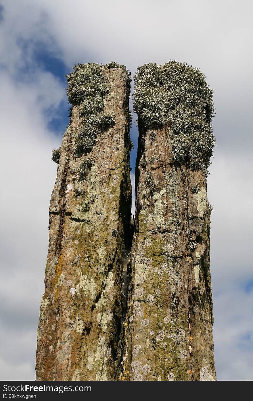 Erected between 2500 BC and 2000 BC, a famous neolithic site in the Orkney islands. A split stone still standing at the site. Erected between 2500 BC and 2000 BC, a famous neolithic site in the Orkney islands. A split stone still standing at the site.