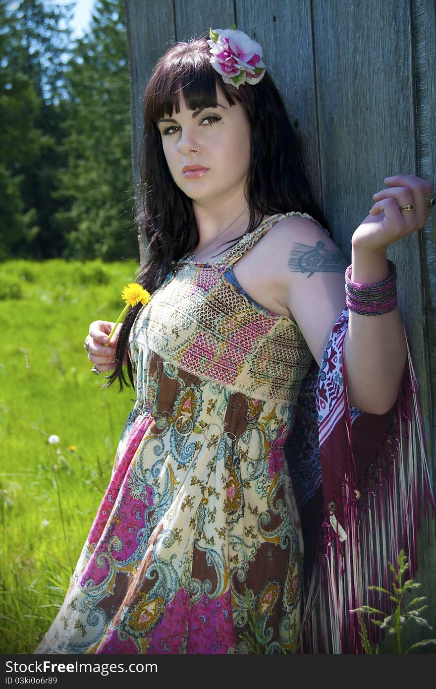 Gypsy woman standing in a country scene holding a yellow dandelion. Gypsy woman standing in a country scene holding a yellow dandelion.