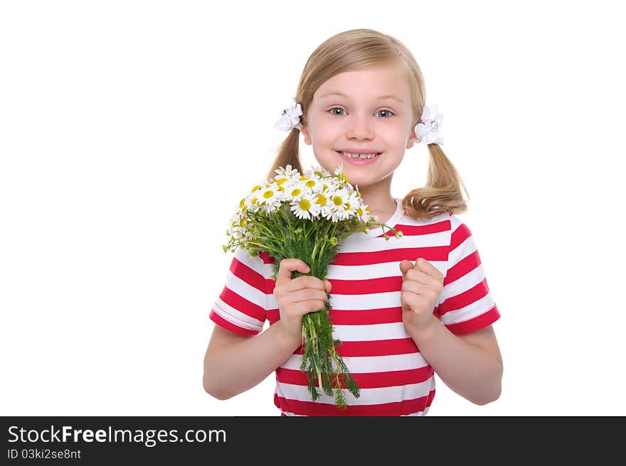 Happy girl with a bouquet of daisies isolated on white