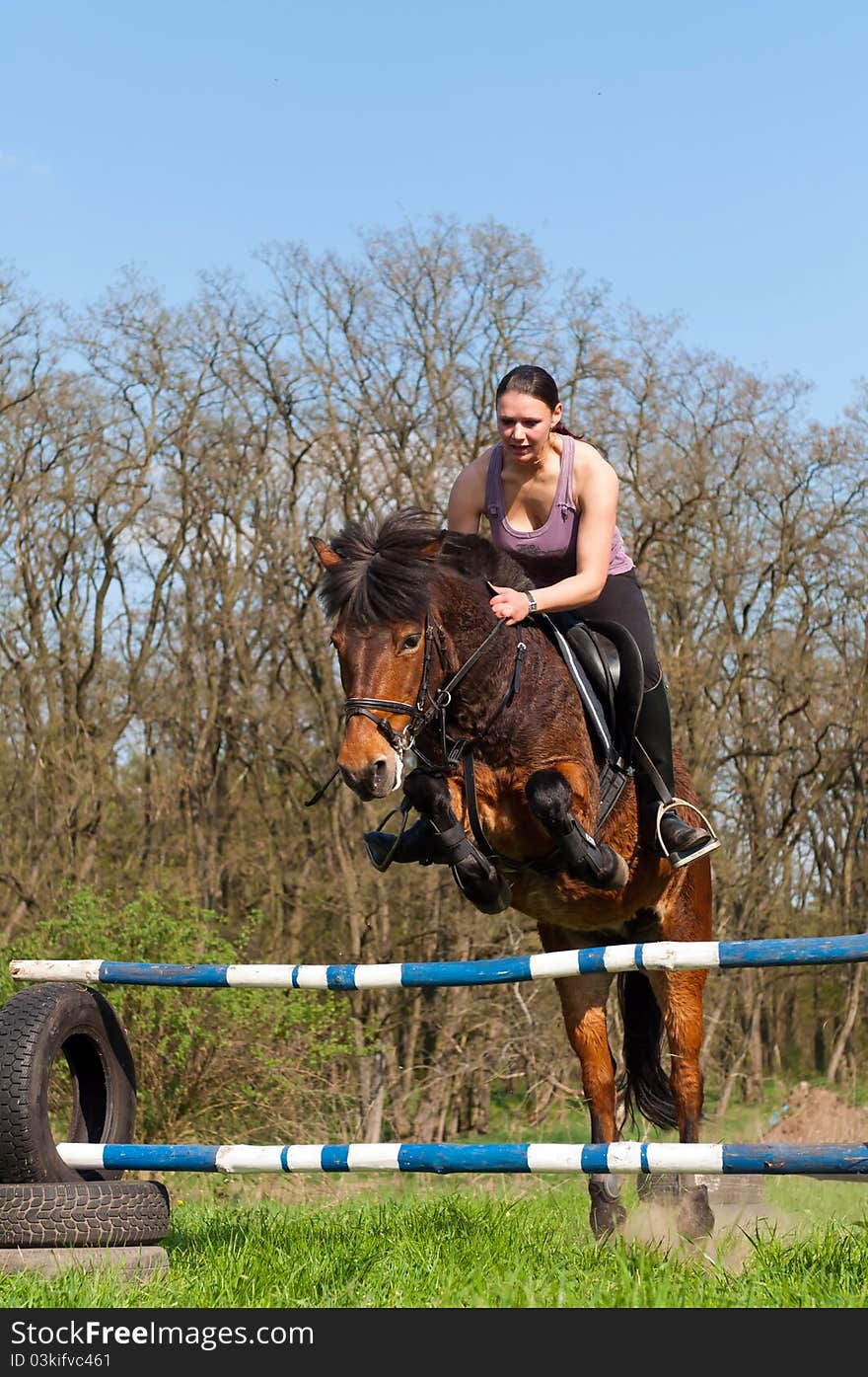 Pretty girl and bay horse during the sunny day. Pretty girl and bay horse during the sunny day.