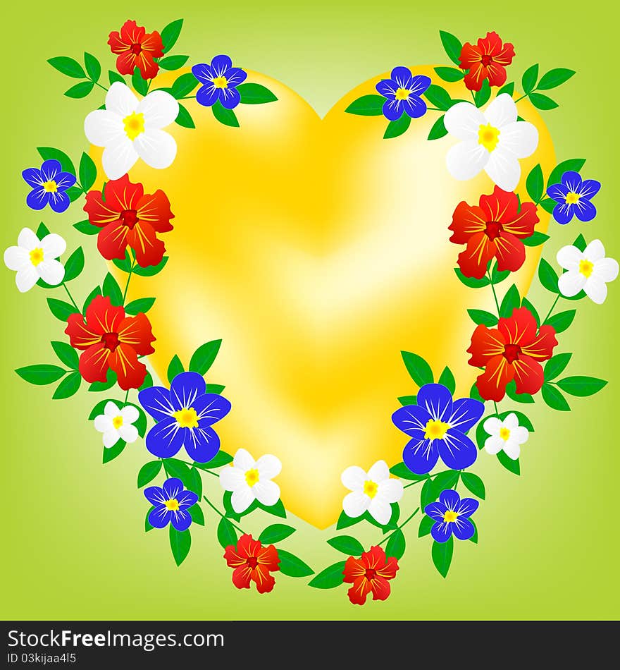 Sign heart decorated by miscellaneous flower and sheet. Sign heart decorated by miscellaneous flower and sheet