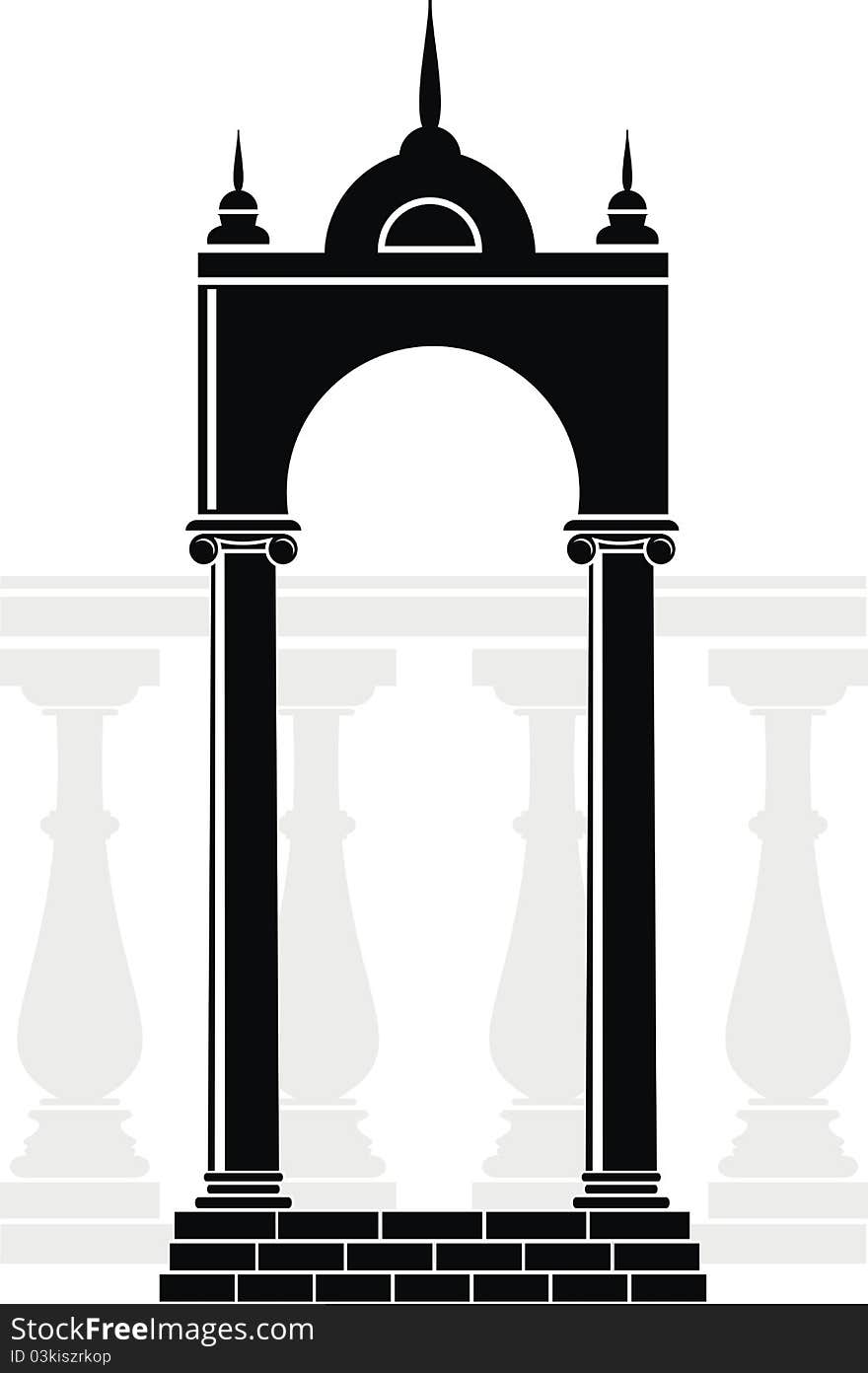 Illustration of architectural element - vector Silhouette of arch with spikes and balustrade: black, gray, isolated, white background. Illustration of architectural element - vector Silhouette of arch with spikes and balustrade: black, gray, isolated, white background