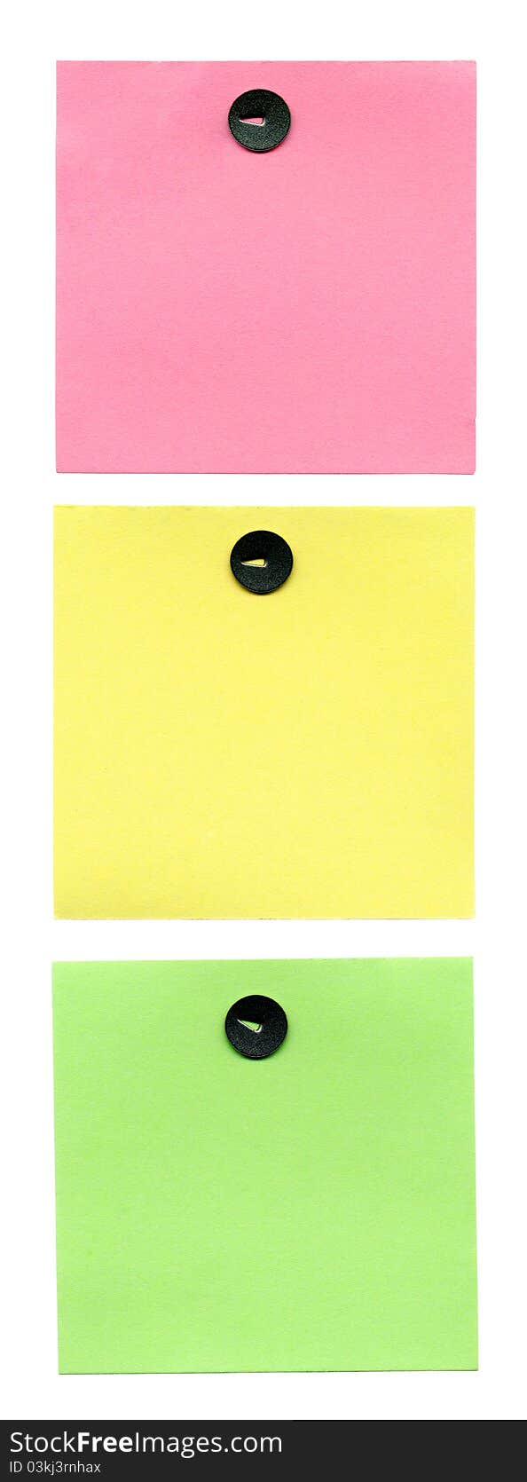 Three color stickers pinned pushpin like traffic light isolated on white background