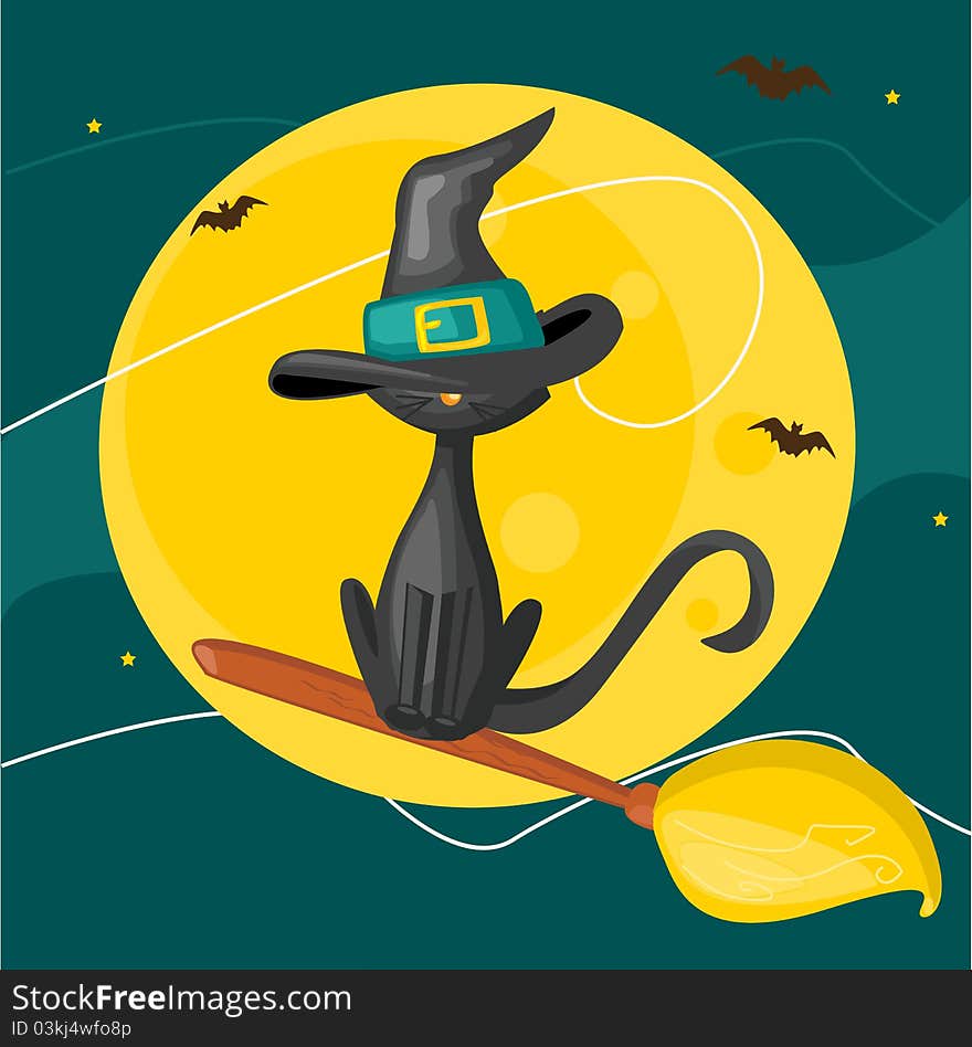 Cat on a broom, halloween background