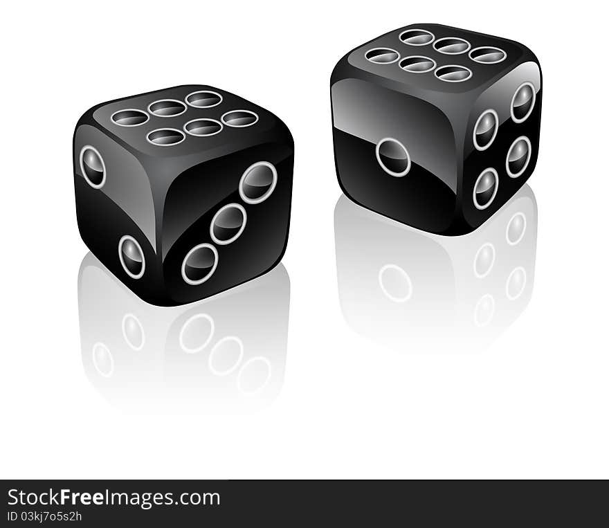 Two luxury dice in black with reflection on white background. Two luxury dice in black with reflection on white background