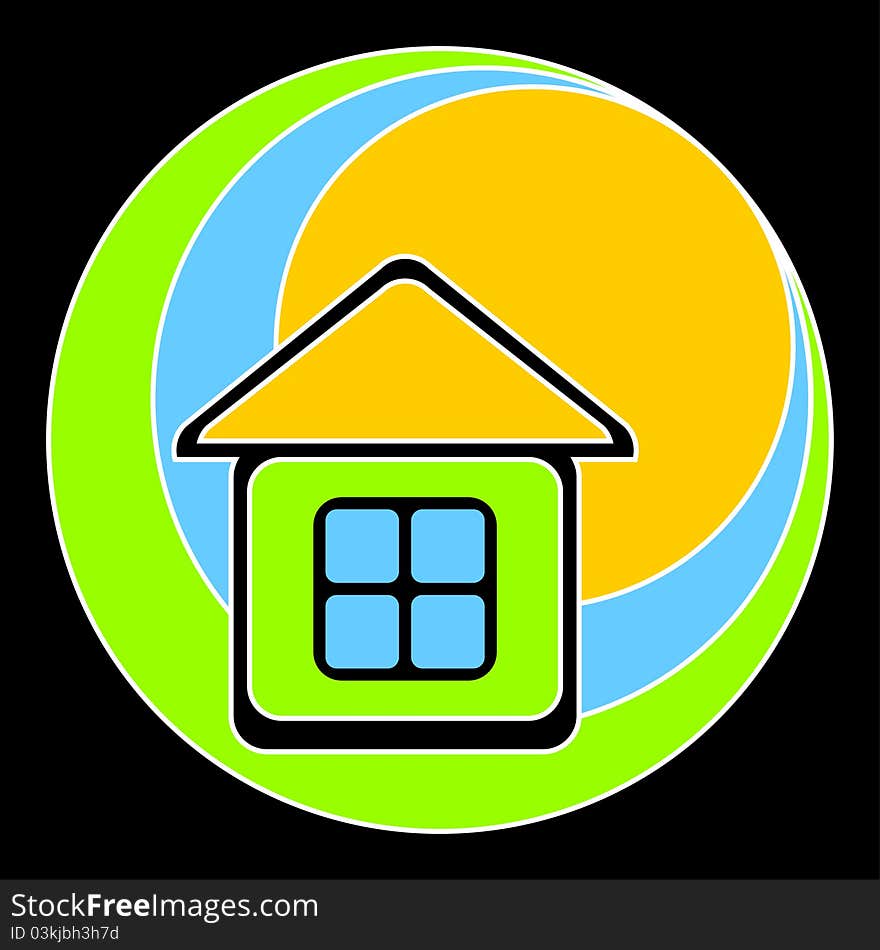 Logo in the form of the house with a yellow roof. The house against the sun, sky and a green grass. Logo in the form of the house with a yellow roof. The house against the sun, sky and a green grass.