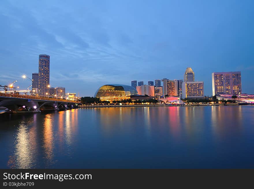 Night life at the Singapore river, marina bay. The most famous tourists attraction in Singapore. The stretch are the 4 to 5 stars hotel that most tourist love to stay.