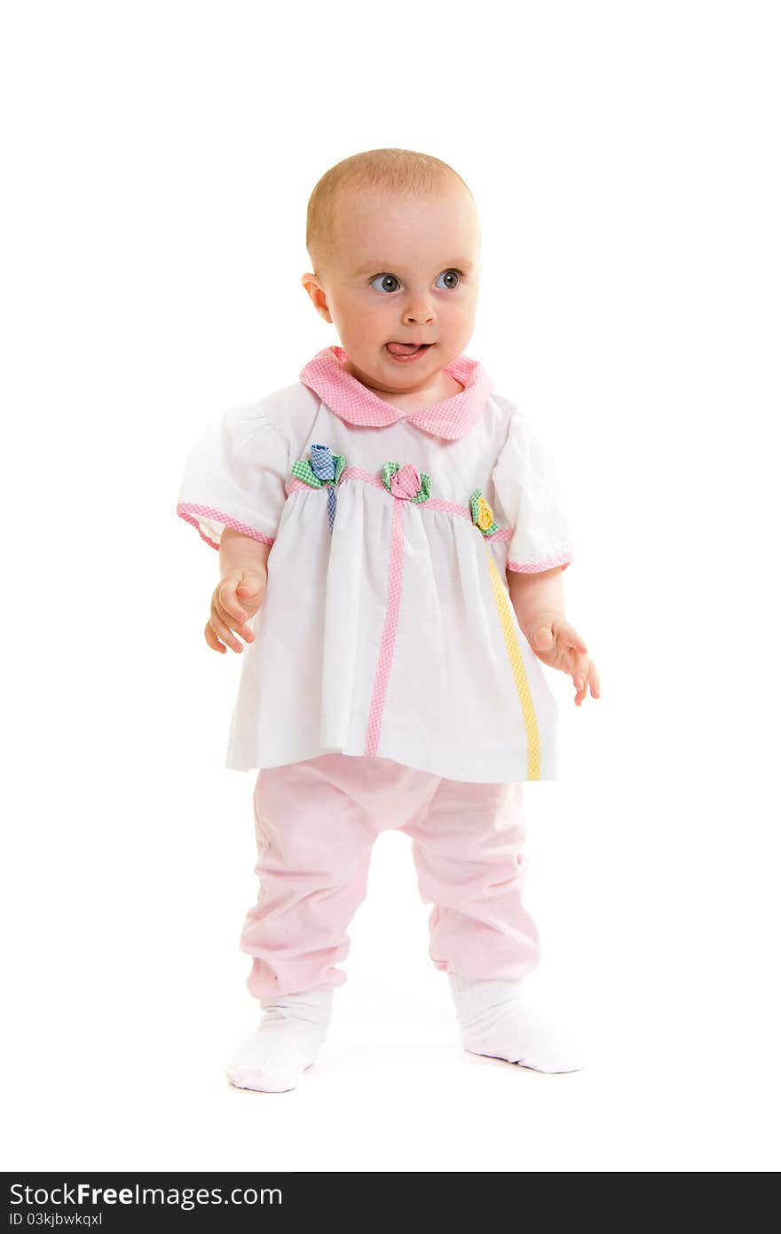 Baby in dress on a white background.