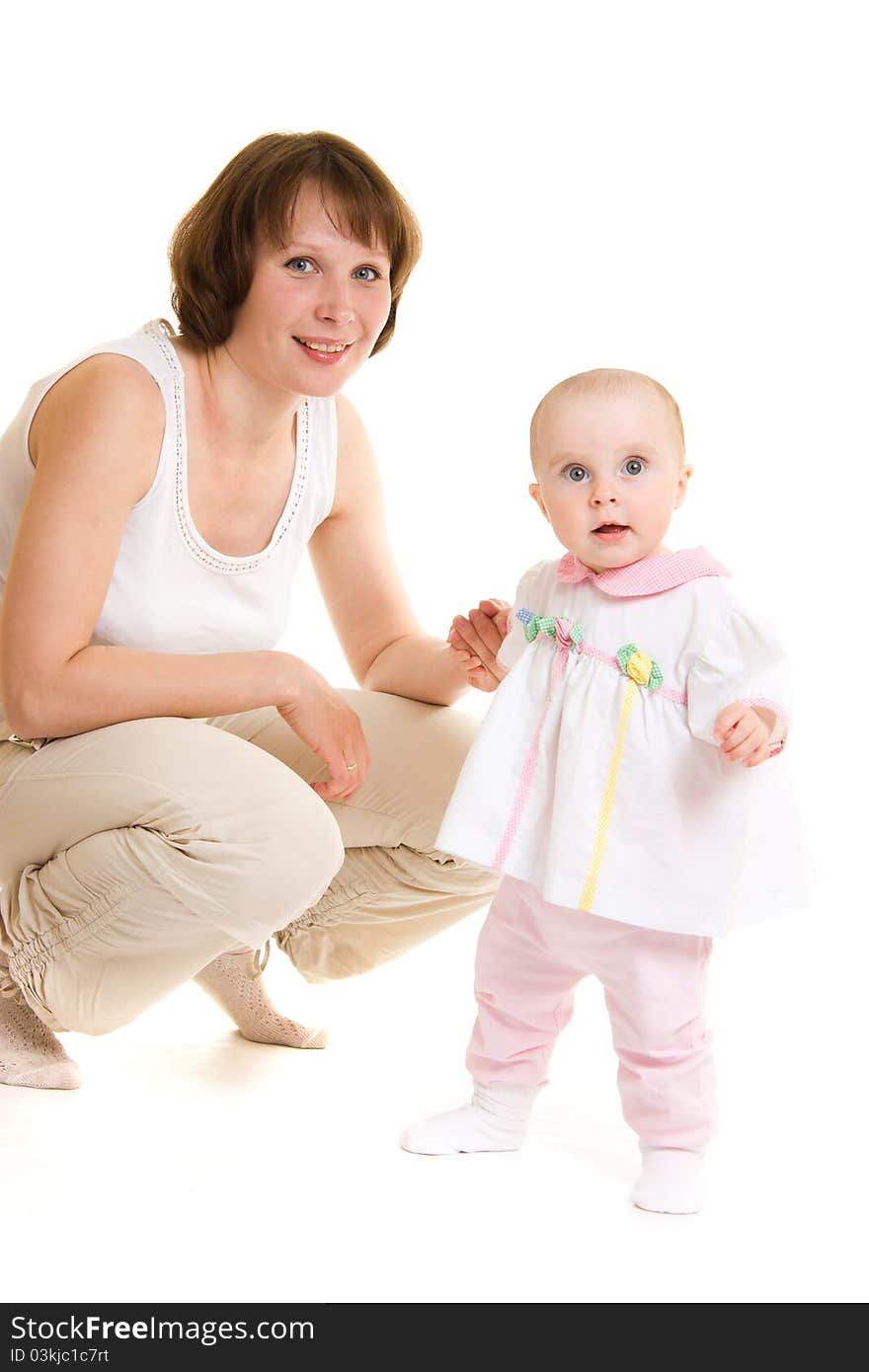 Mother with a baby on a white background