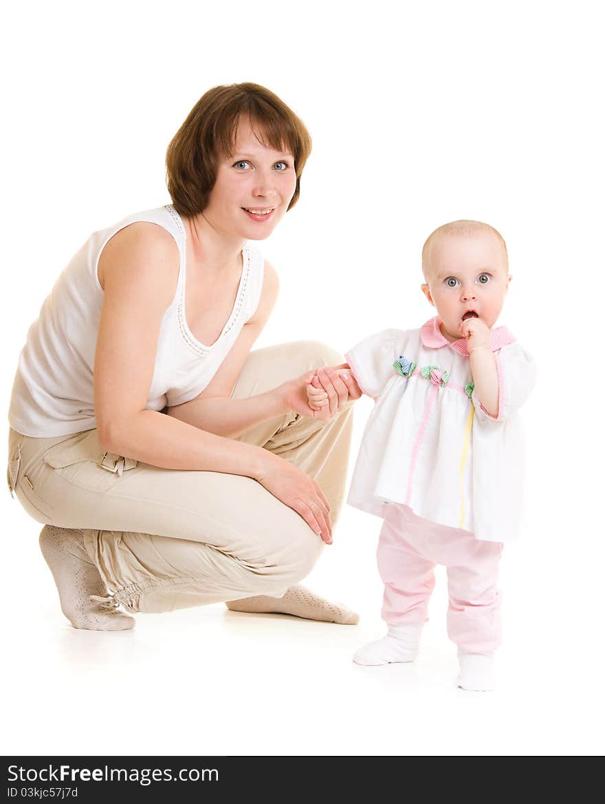 Mother with a baby on a white background