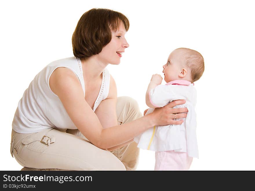 Mother with a baby on a white background