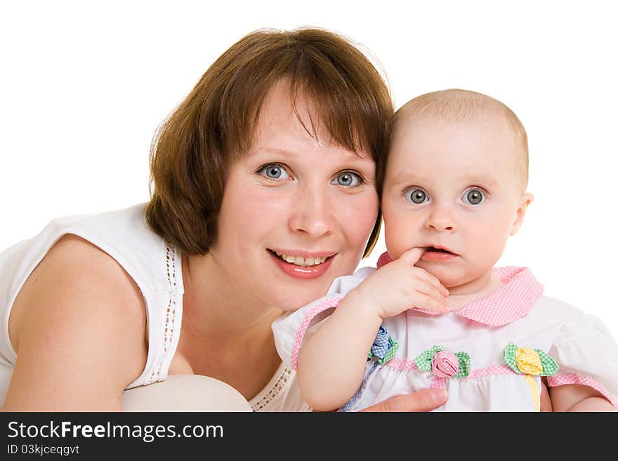 Mother with a baby on a white background