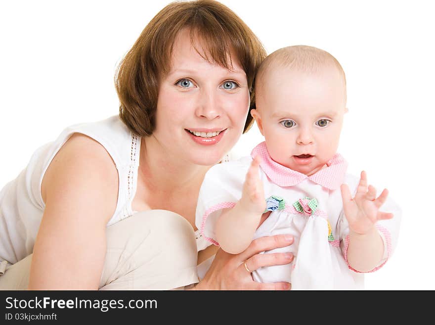 Mother with a baby on a white background